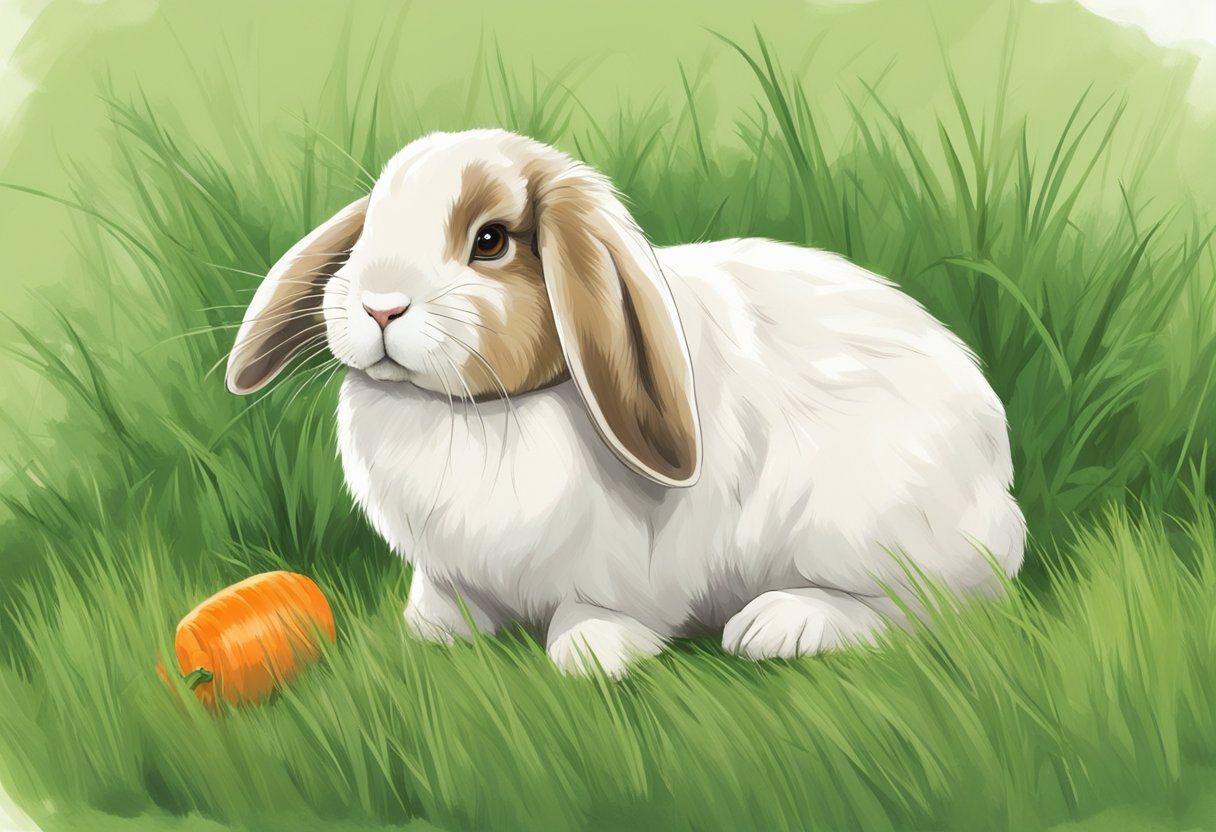 A fuzzy Holland Lop rabbit sits on fresh green grass, nibbling on a carrot with a curious expression