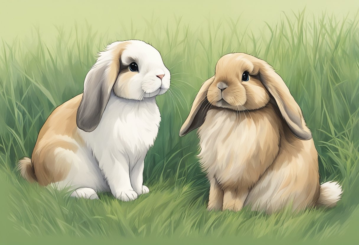 A Fuzzy Holland Lop Rabbit with floppy ears and soft fur sits in a grassy field, surrounded by other rabbits. Its round body and short legs give it a cute and cuddly appearance