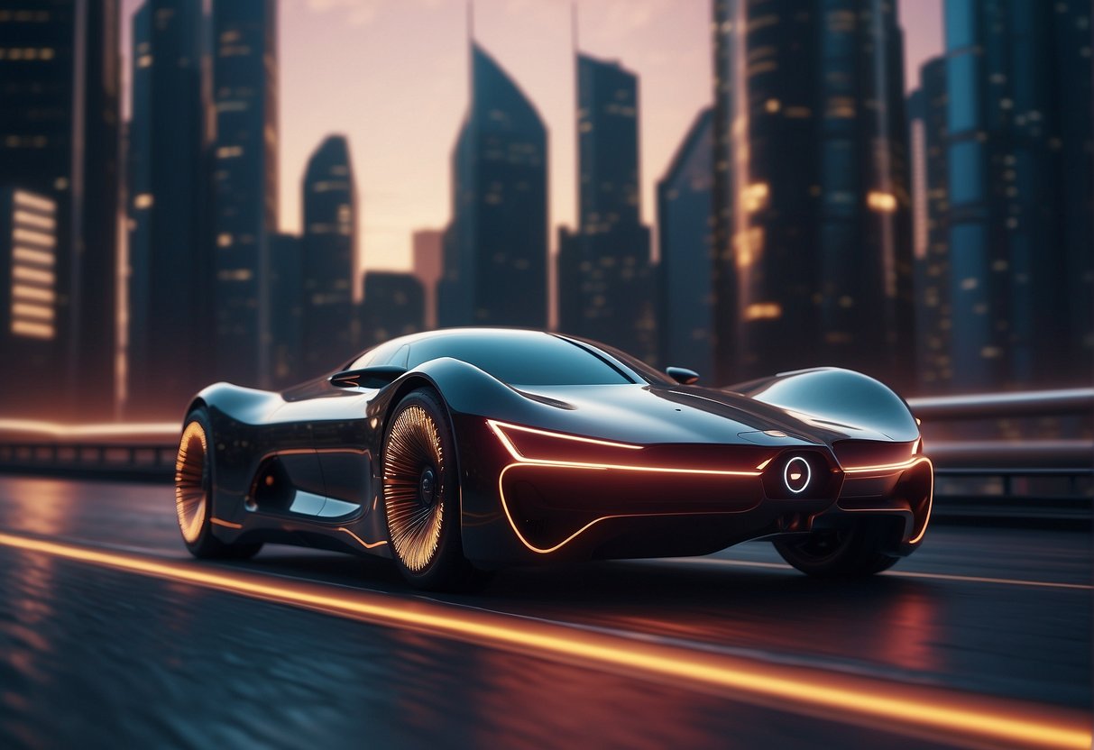 A sleek drone car speeds through a futuristic cityscape, with neon lights and skyscrapers in the background