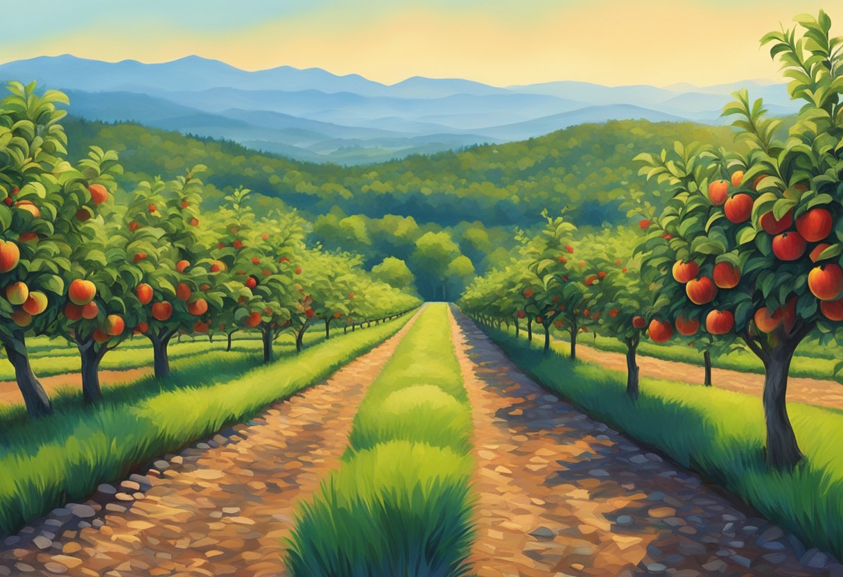 Lush apple orchard with rows of trees, vibrant red and green apples, blue sky, and distant mountains near Asheville, NC
