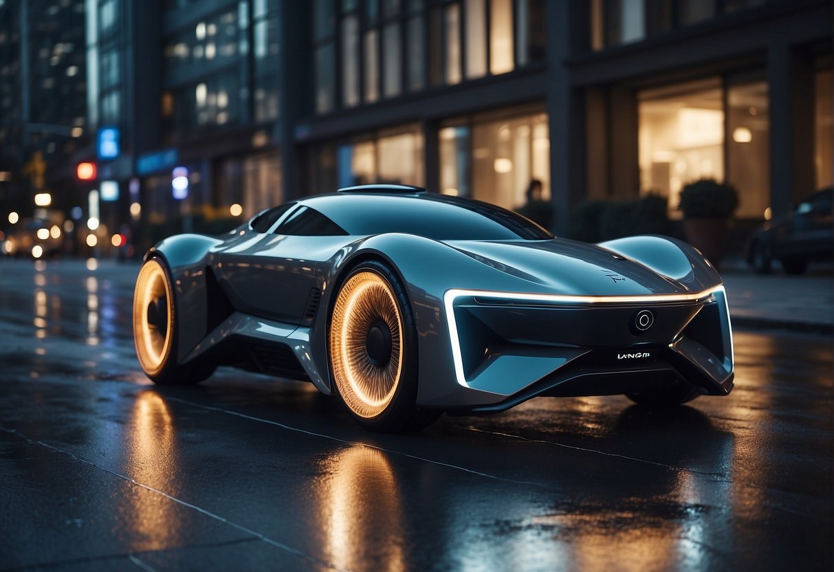 A sleek, futuristic drone car hovers above a bustling city street, with advanced technology and streamlined design