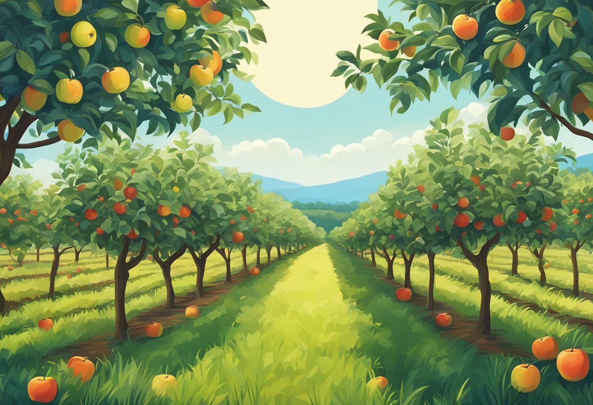 Lush apple orchard with rows of trees, ripe fruit ready for picking, under a clear blue sky