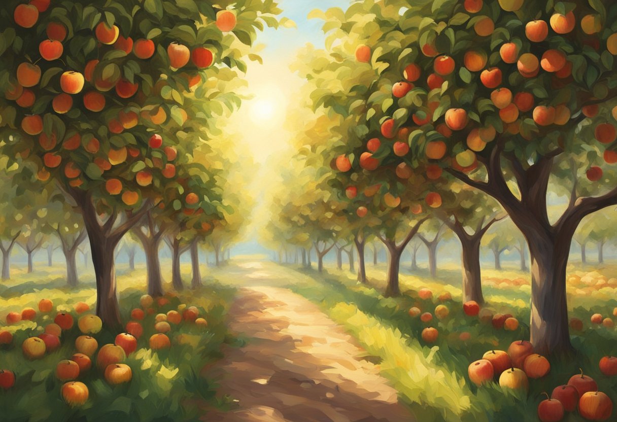 Sunlight filters through the lush orchard, illuminating rows of ripe, red apples. A gentle breeze rustles the leaves as families wander, carefully selecting the perfect fruit