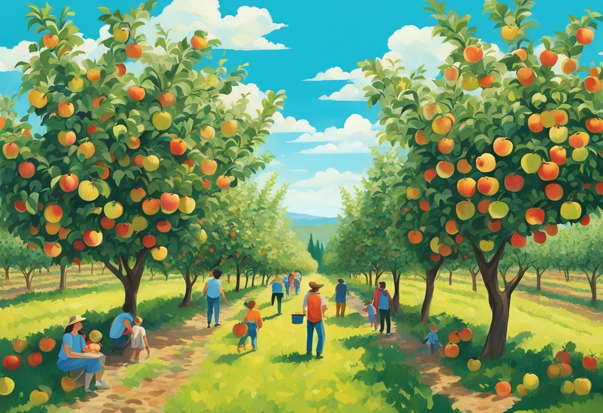 Lush apple orchard with rows of trees, ripe fruit, and families picking. Vibrant foliage and a clear blue sky overhead