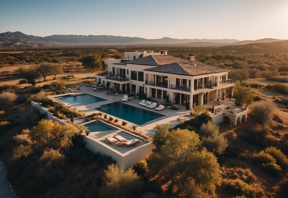 Aerial view of a luxurious property with a drone hovering above, capturing the expansive landscape, modern architecture, and stunning amenities