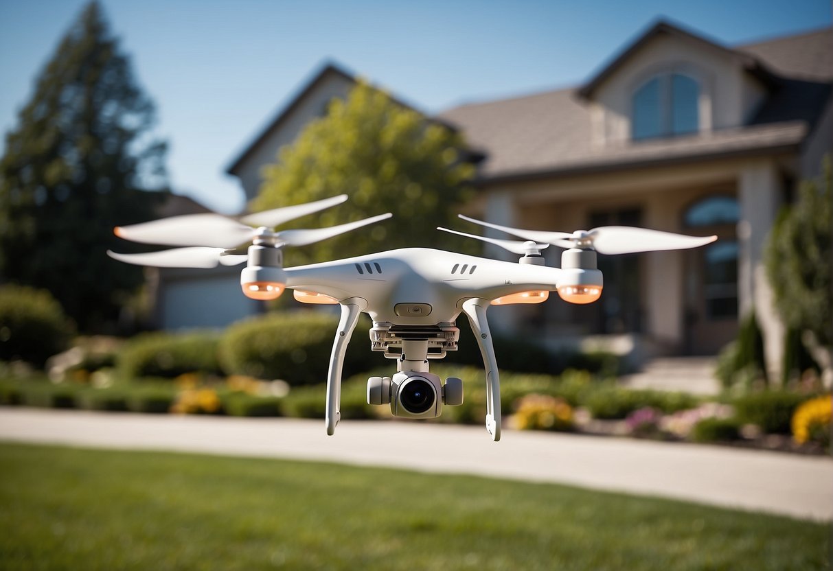 A drone hovers over a suburban neighborhood, capturing the exterior of a modern home with a well-manicured lawn and a clear blue sky in the background