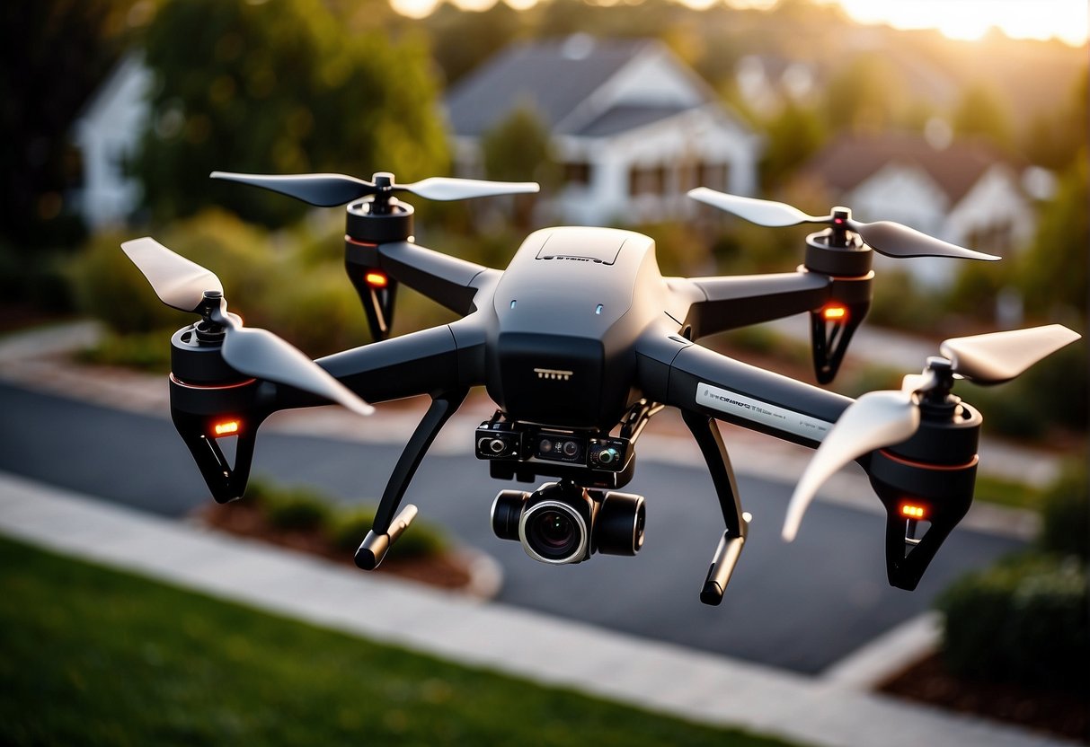 A drone hovers over a suburban neighborhood, capturing aerial views of houses, streets, and green spaces. Editing software is open on a computer, with a focus on color correction and image enhancement