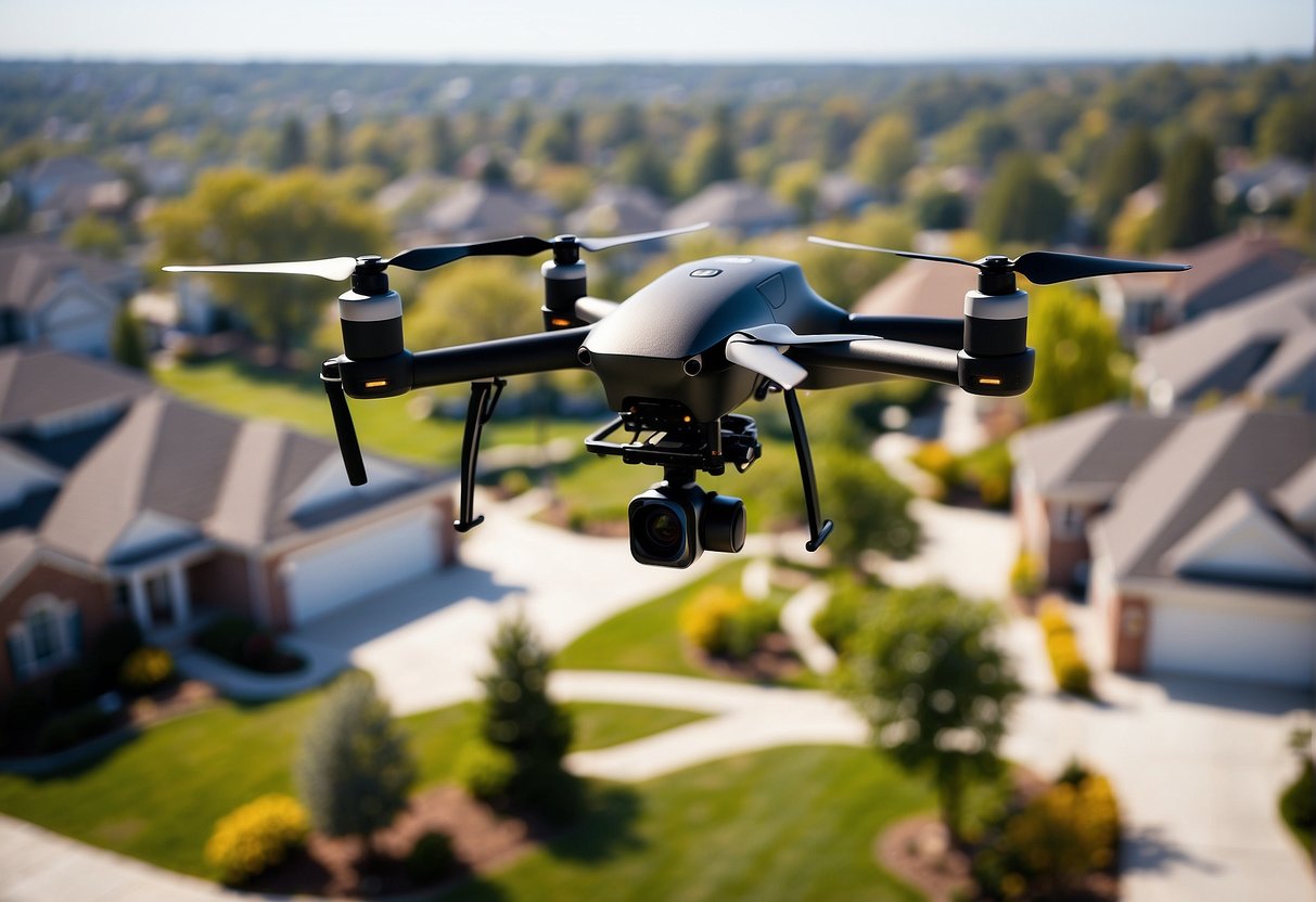 A drone hovers above a modern suburban neighborhood, capturing aerial views of houses, parks, and streets for real estate photography