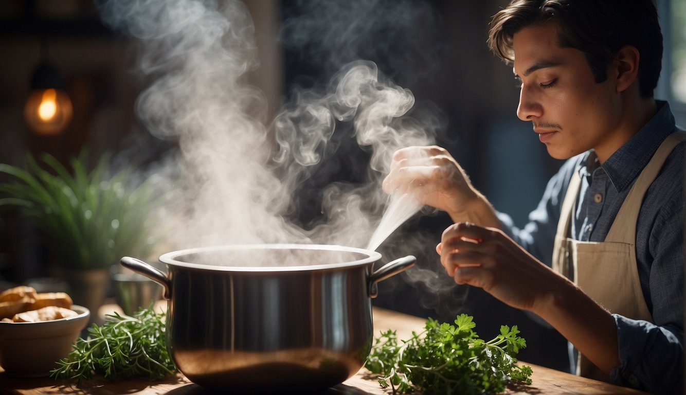 A person inhales steam from a pot of boiling water with herbs, relieving sinus congestion