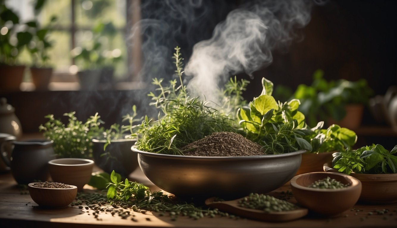 A table covered in various herbs and plants, with mortar and pestle, steam rising from a bowl of hot water, and a soothing aroma filling the air