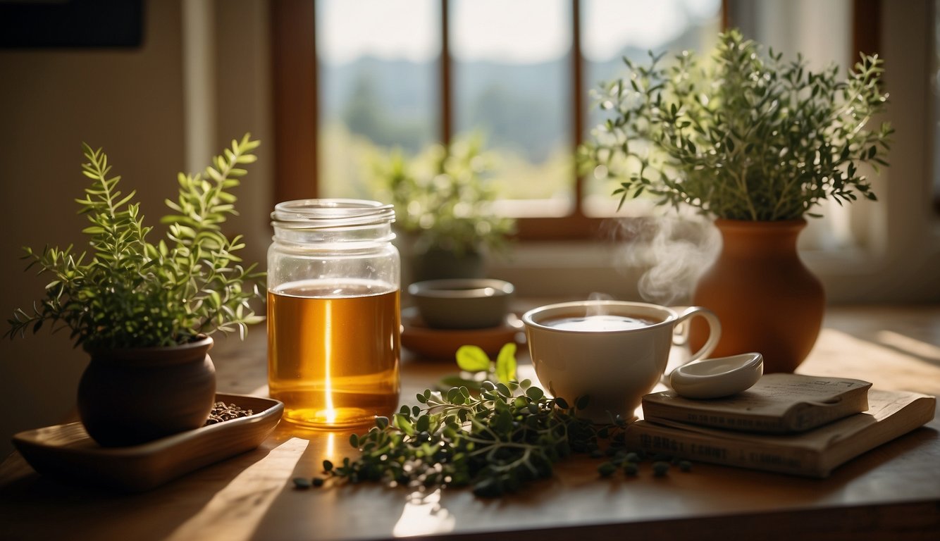 A cozy home with herbal remedies for sinus congestion displayed on a kitchen counter. A steaming pot of herbal tea, a bowl of eucalyptus leaves, and a jar of homemade nasal spray sit next to a window with sunlight streaming in