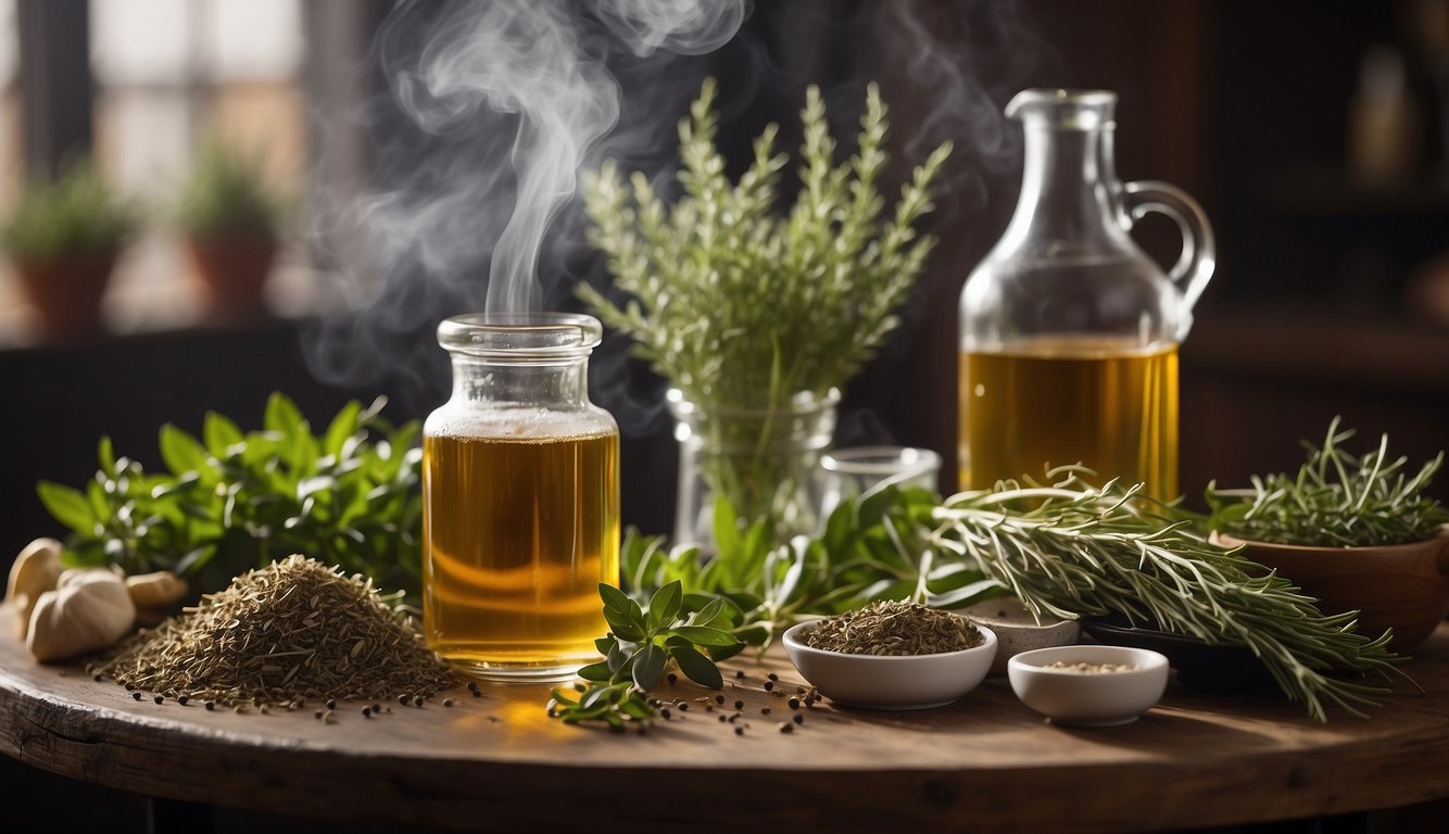 A table with various herbs and natural remedies for sinus congestion, surrounded by steam and vapor to convey the soothing effects