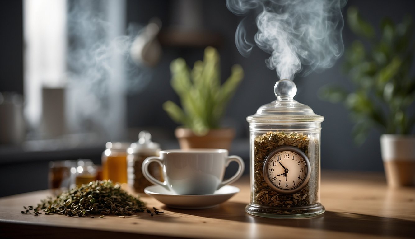 A person holding a jar of herbal remedies, surrounded by tissues and a steaming cup of tea, with a clock in the background indicating the time to see a doctor for sinus congestion