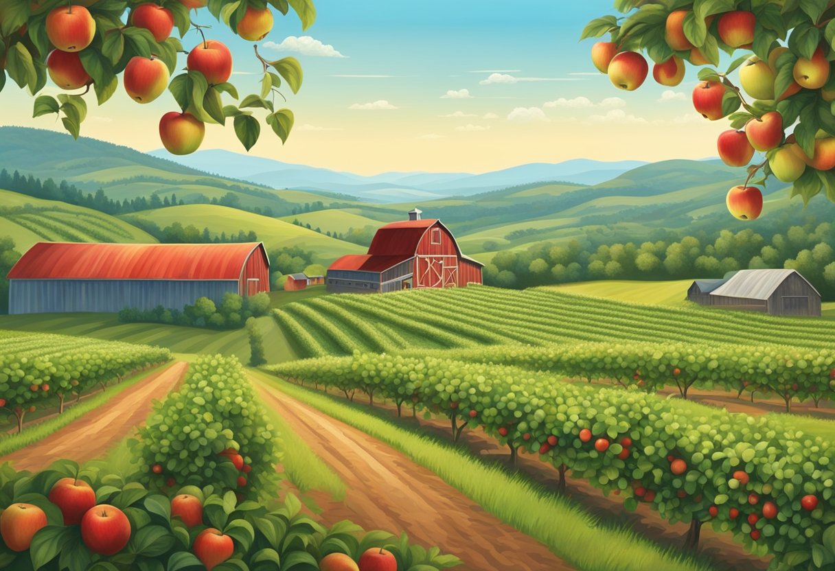 Lush apple orchards sprawl under a clear blue sky, with rows of vibrant red and green apples ripe for the picking. A rustic barn and rolling hills complete the picturesque scene