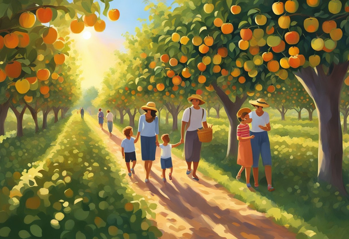 Families roam through lush orchards, plucking ripe apples from the trees. The sun shines overhead, casting a warm glow on the rows of fruit-laden branches