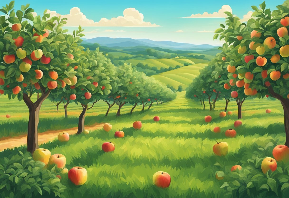 Lush apple orchard with trees heavy with fruit, set against a backdrop of rolling hills and a bright blue sky