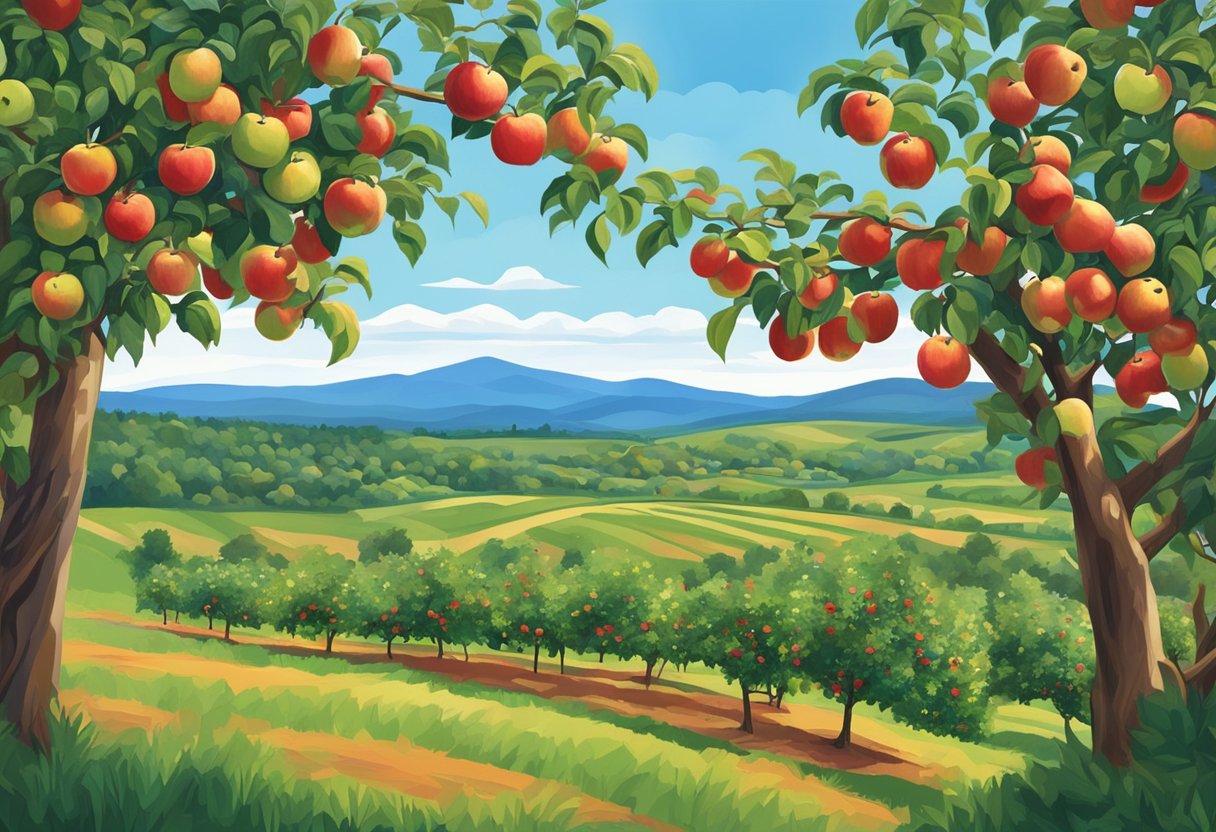 Lush apple orchard with rolling hills, vibrant red and green apples hanging from branches, blue sky and distant mountains near Burlington, VT