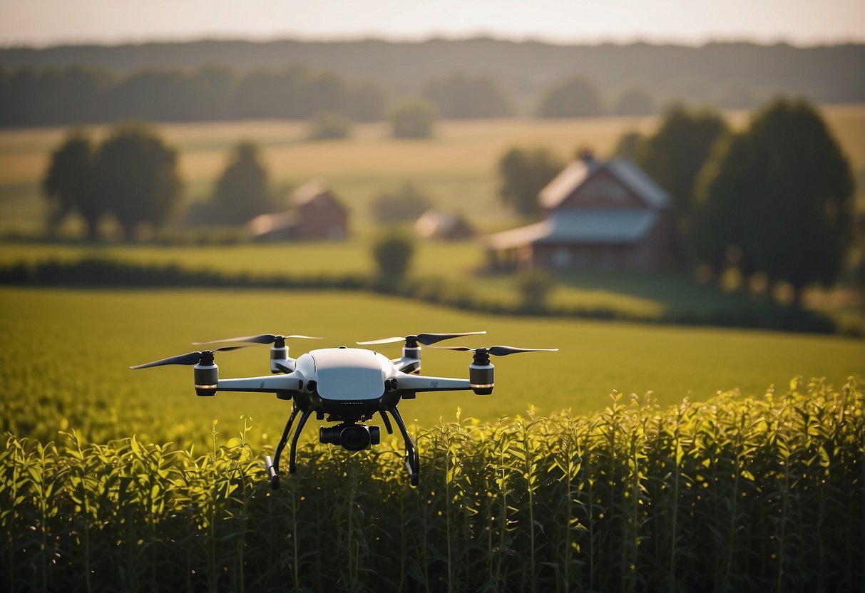 Farm drones hover over lush fields, spraying crops. A tractor sits idle in the background