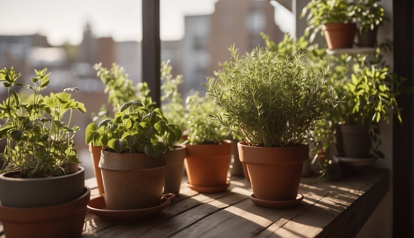 A balcony with pots of herbs arranged on shelves, sunlight streaming in, and a small watering can nearby