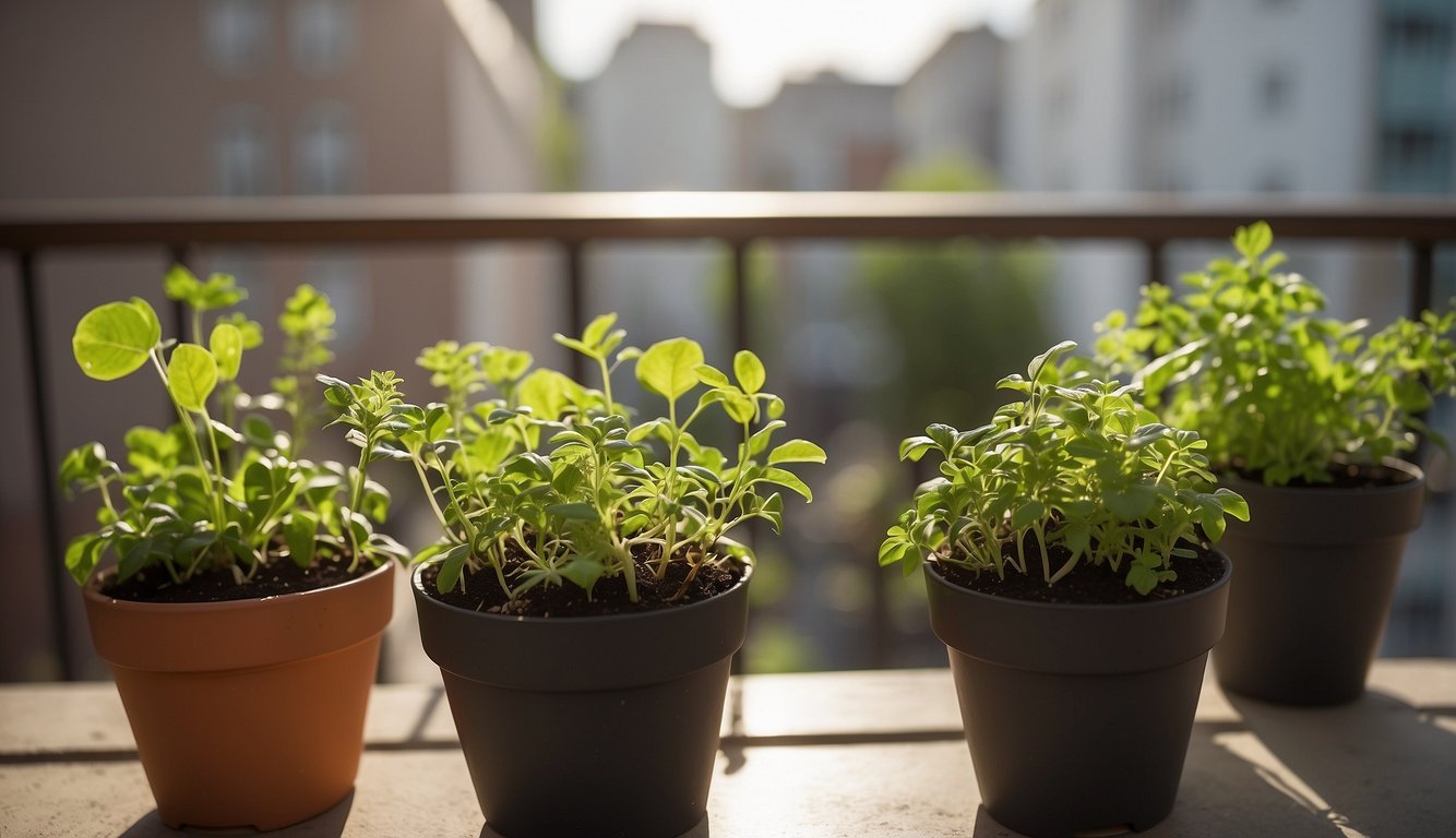Lush green herbs sprout from soil-filled pots on a sunny balcony. The vibrant plants reach towards the sky, thriving in their urban environment