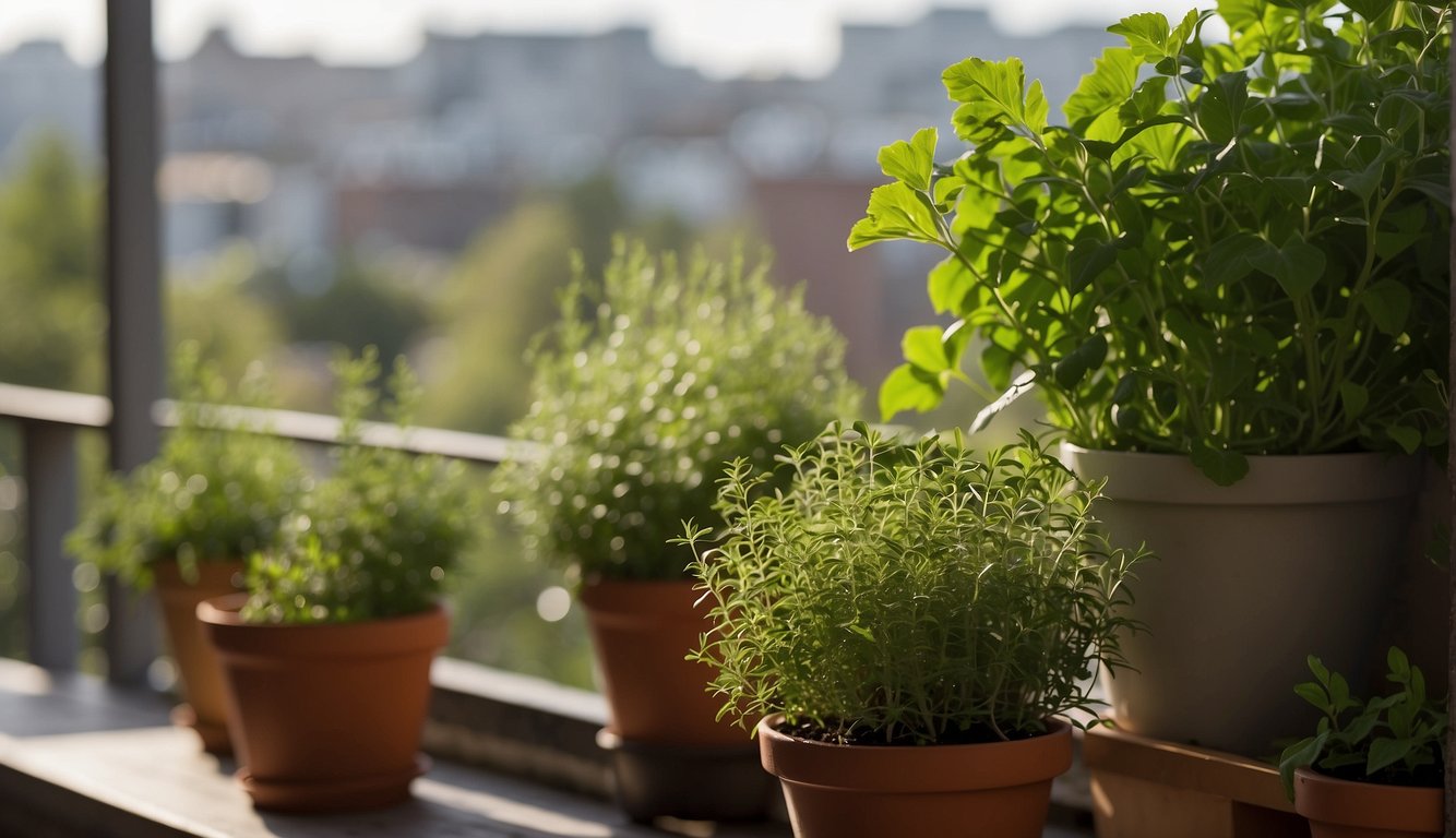 Herbs being watered on a balcony, with pots draining excess water
