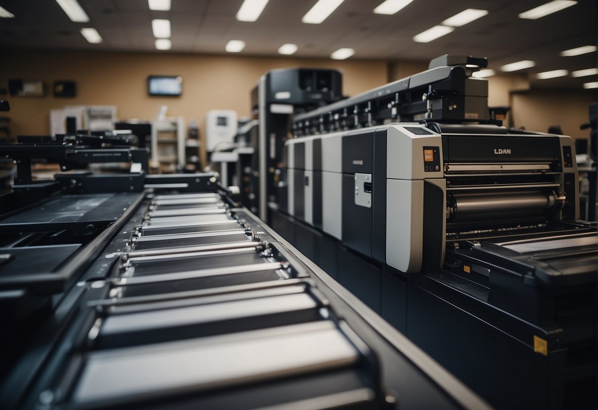 Print shop equipment in use, printing press running, stacks of paper, ink cartridges, and promotional materials on display
