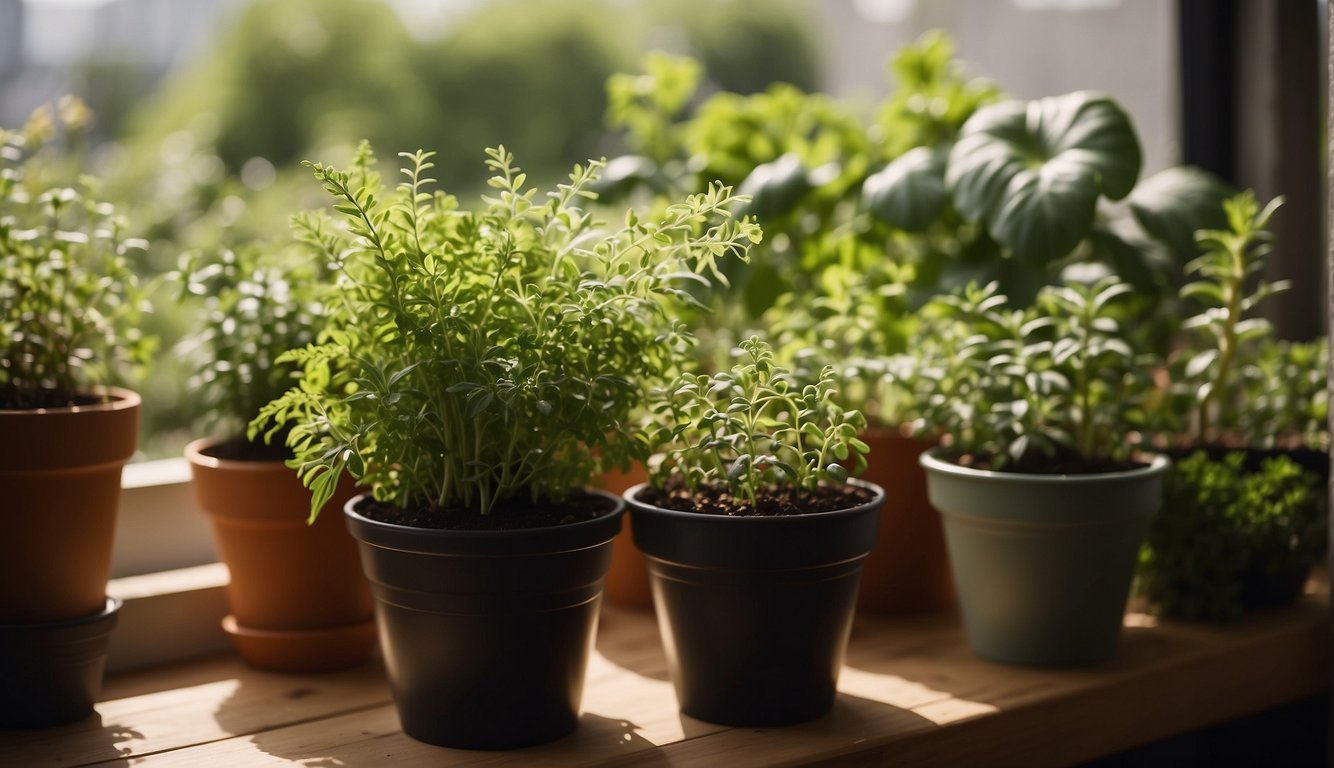 Lush green herbs thrive on a sun-drenched balcony, surrounded by pots of nutrient-rich soil and bottles of fertilizer. The vibrant plants reach towards the sky, basking in the care of their attentive gardener