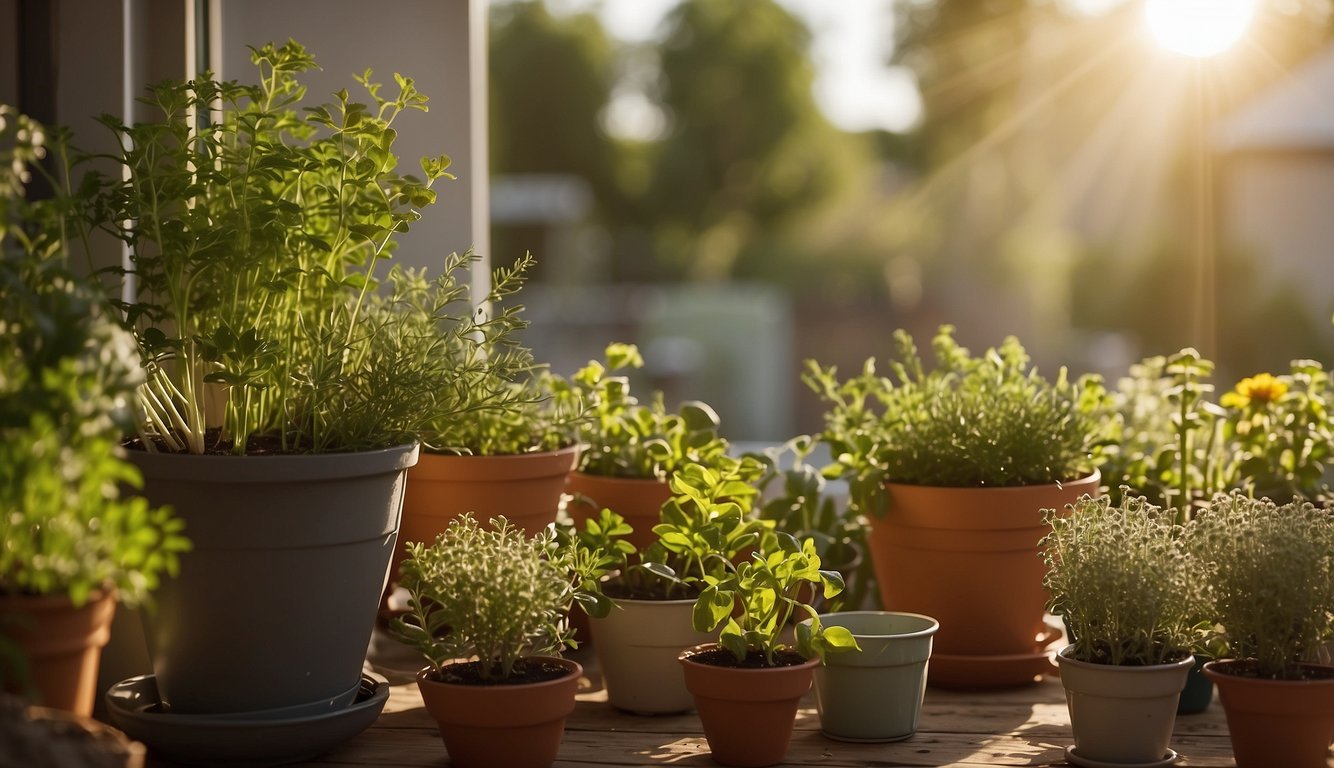 Herbs thrive on a sunlit balcony, surrounded by small pots and watering cans. A gardener gently tends to the plants, ensuring they receive the proper care and attention they need to flourish