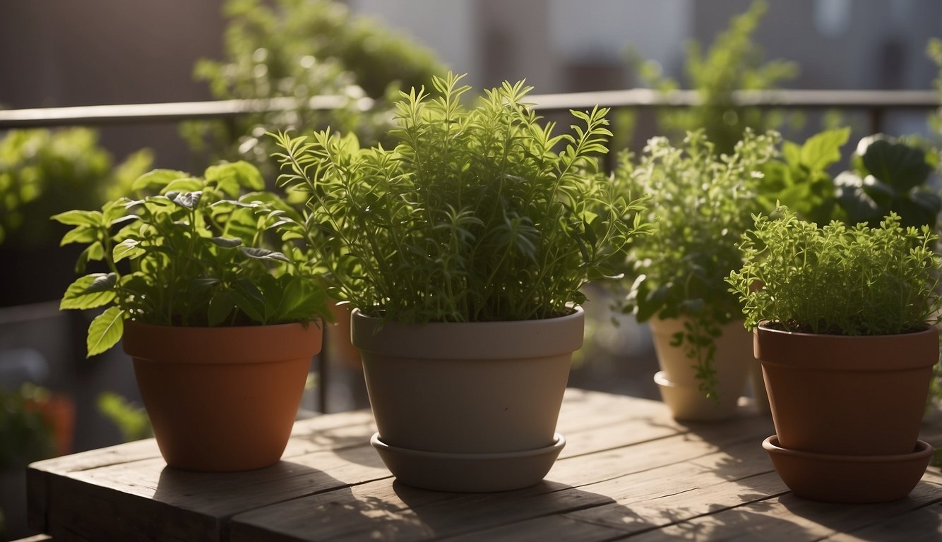 Lush green herbs in pots on a balcony. Hands reaching out to pick fresh leaves. A mortar and pestle nearby for grinding
