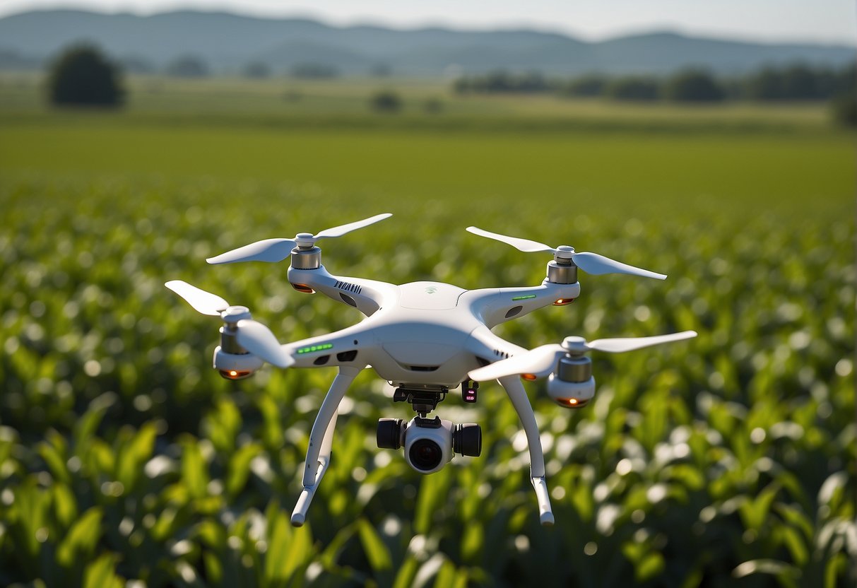 A drone hovers above a vast, green agricultural field, equipped with cameras and sensors, monitoring crop health and spraying pesticides with precision