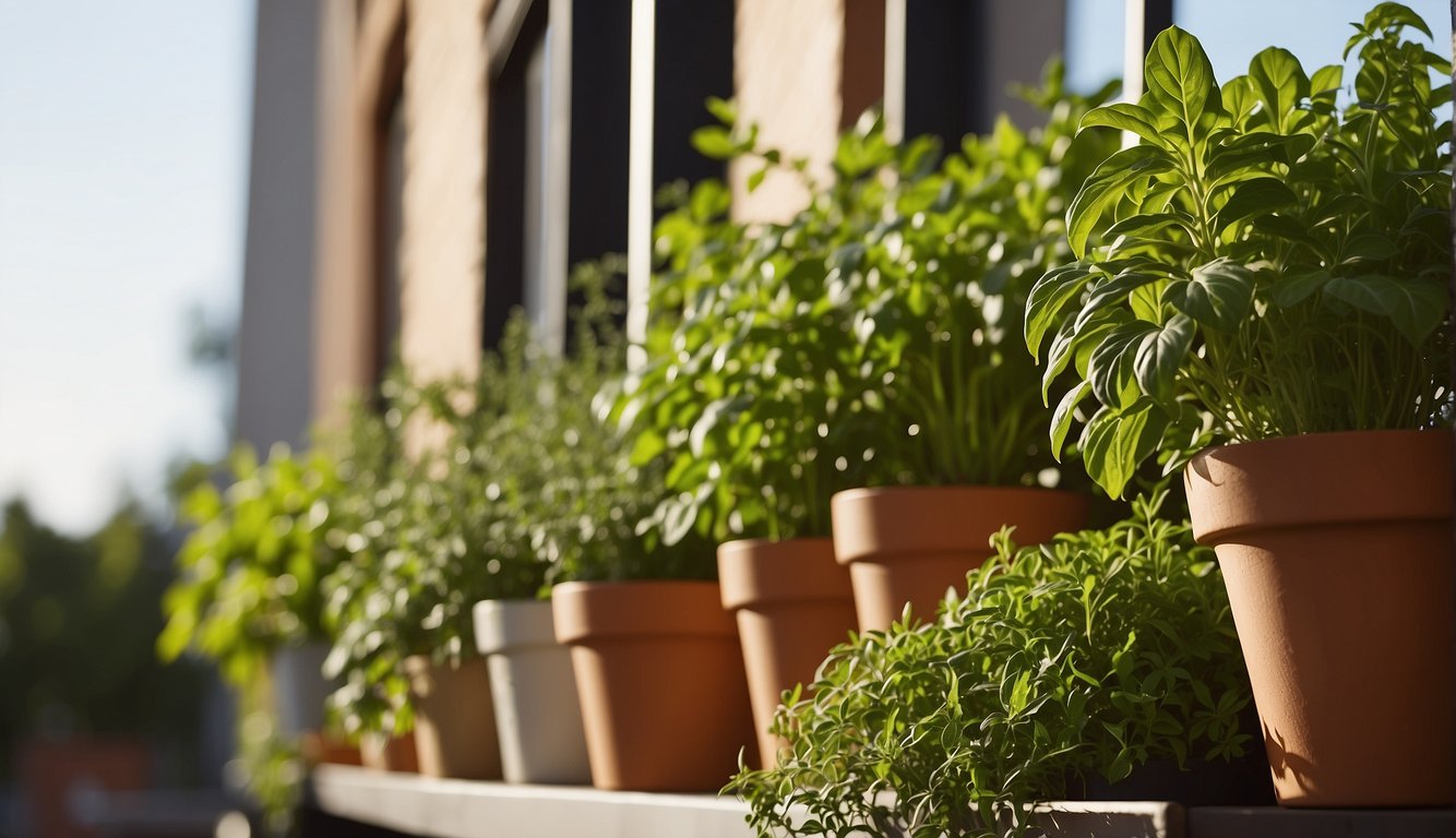 Lush green herbs cascade from pots on a sunny balcony. A variety of plants, including basil, rosemary, and mint, thrive in the warm sunlight