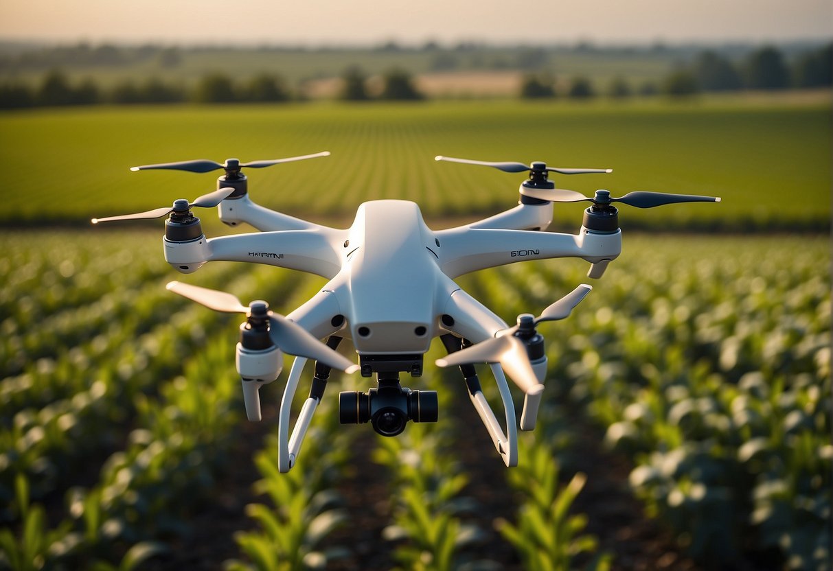 A drone hovers over a vast agricultural field, capturing data and spraying crops. Farmers observe increased efficiency and reduced labor costs