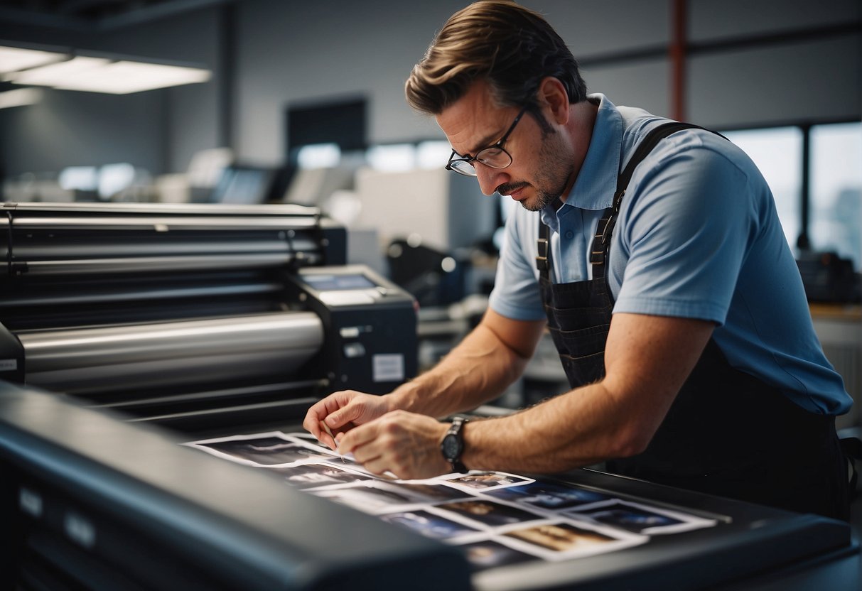 A print shop worker inspects freshly printed marketing materials for quality and accuracy