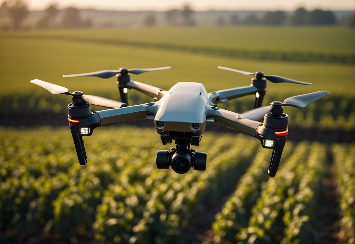 A drone hovers over a vast agricultural field, seamlessly integrating with farm management systems to collect data and monitor crop health