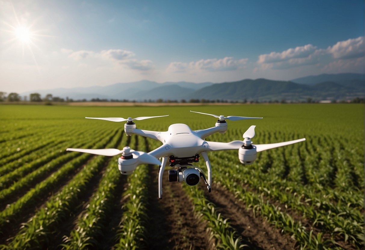 Agricultural drone flying over fields, scanning crops for analysis and spraying pesticides. Wind and weather affecting flight path and accuracy