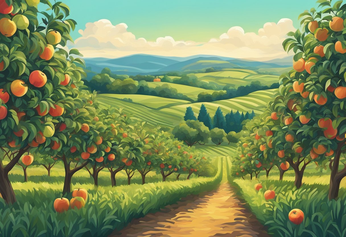Lush apple orchard with rolling hills and bright blue sky. Rows of trees heavy with ripe fruit, ready for picking