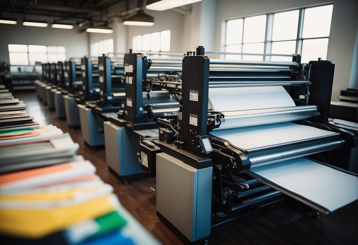 A large printing press in a bright, modern studio in Glendale, CA, with stacks of paper and shelves of ink cartridges