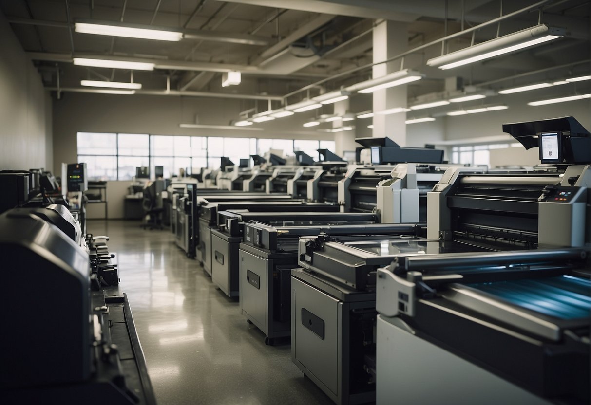 Various printing machines and equipment arranged in a spacious and well-lit printing facility in Glendale, CA
