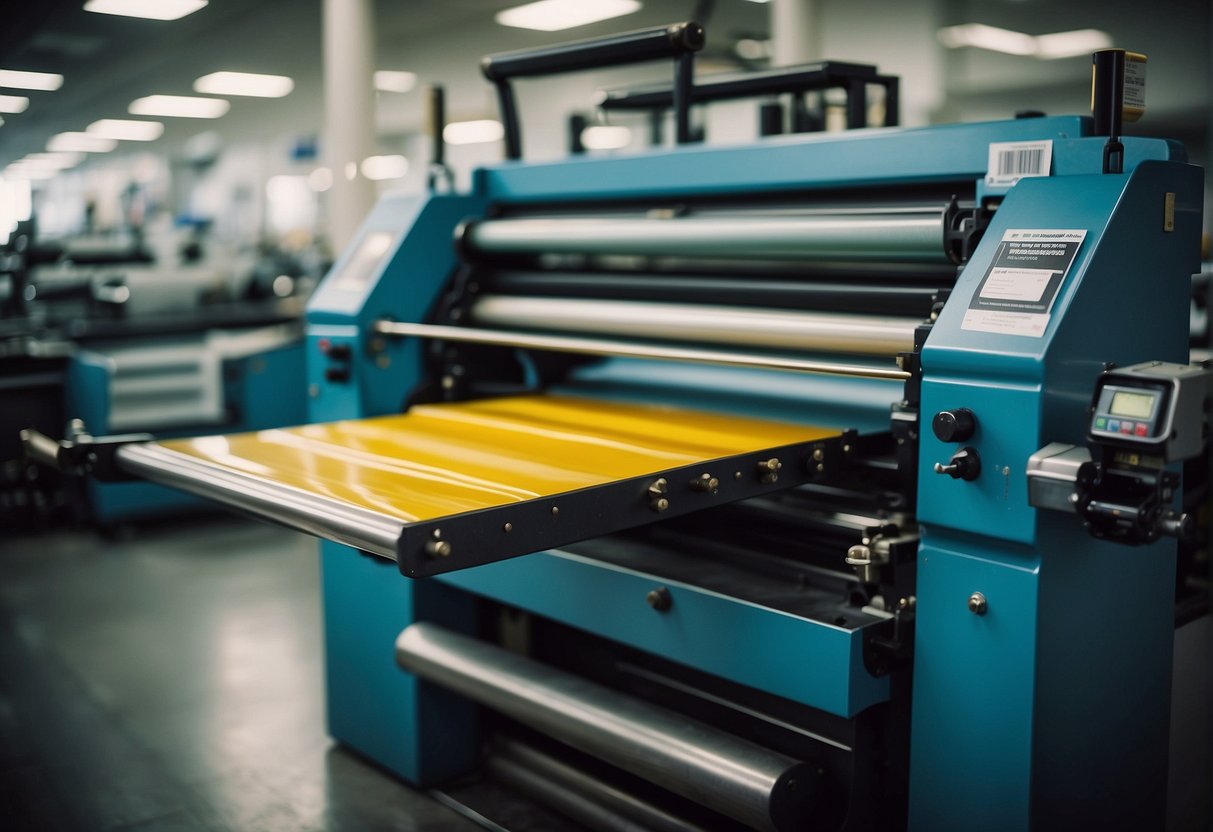 A printing press in action, with vibrant colors and precise machinery, showcasing the design and pre-press services in Glendale, CA
