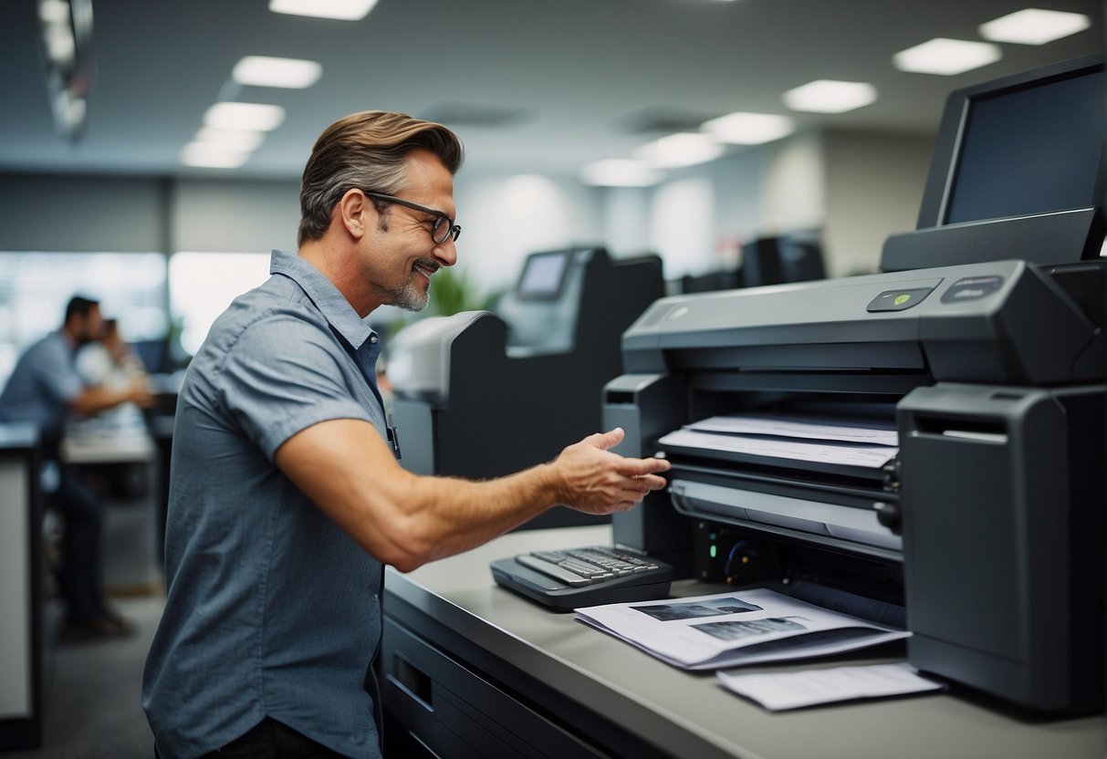 A customer receiving support at a printing service center in Glendale, CA. The customer is interacting with a service representative and observing the printing process