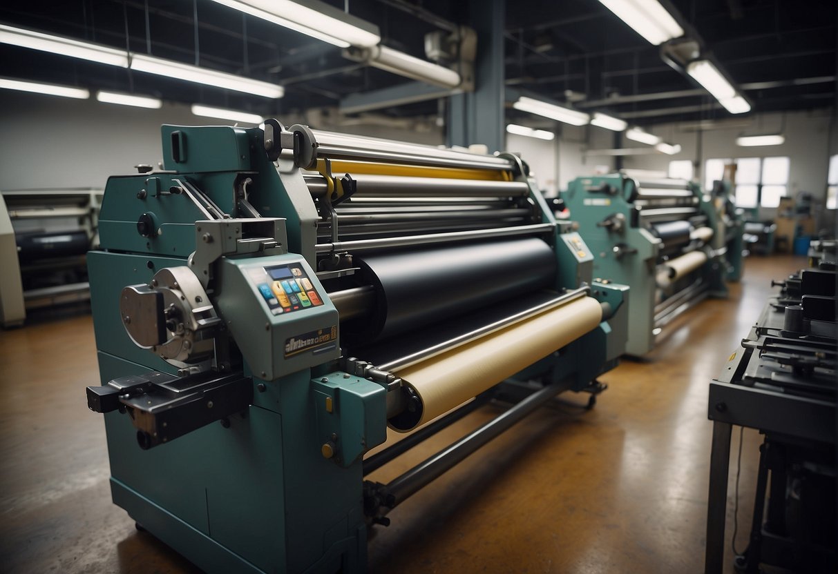A large printing press in a bright Los Angeles studio, churning out colorful stickers with precision and speed. Ink cartridges and paper rolls neatly organized nearby
