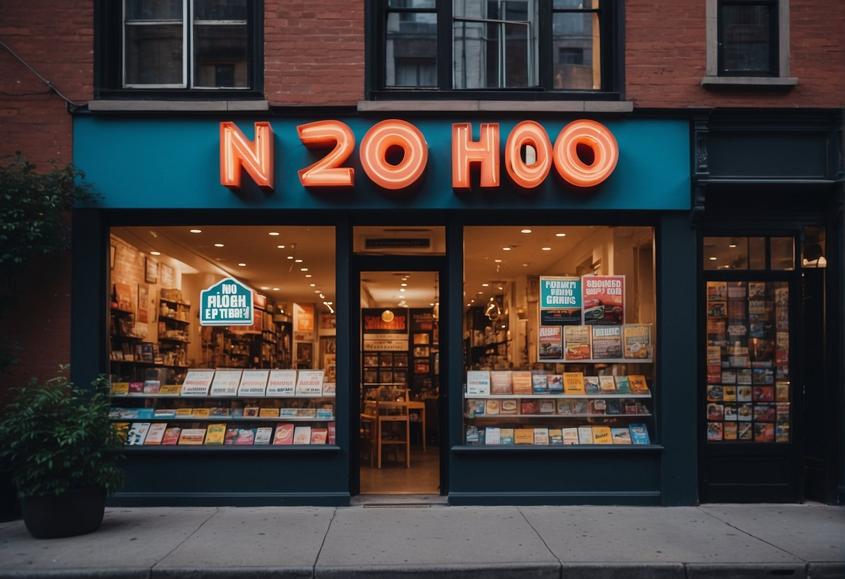 A vibrant storefront with "Noho Printing and Graphics" signage, surrounded by colorful posters and printing equipment