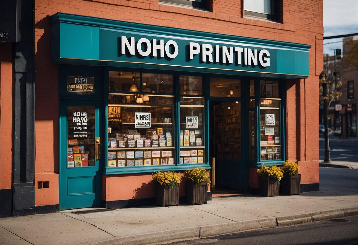 A vibrant storefront with "noho printing and graphics" signage, displaying various printed products and design services