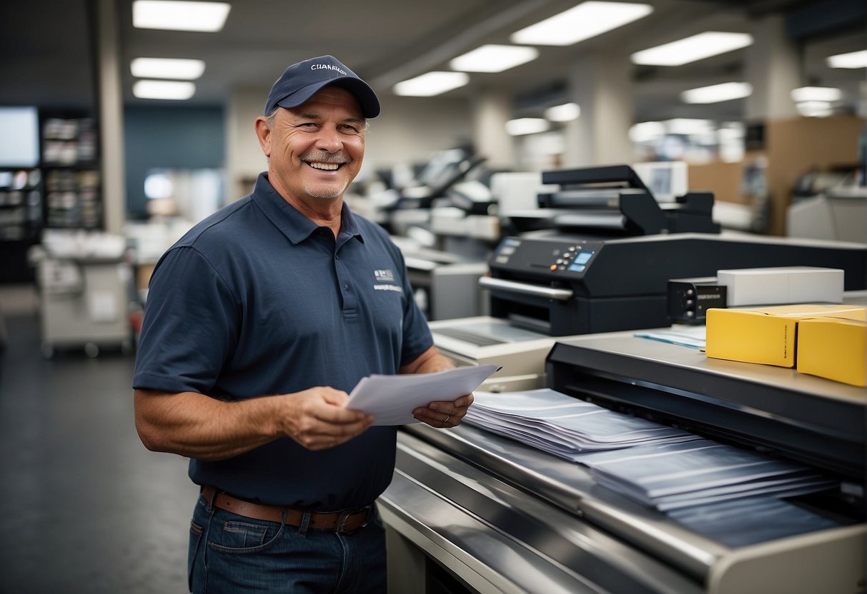 A customer smiling while receiving high-quality printed materials from a friendly staff member at Noho Printing and Graphics
