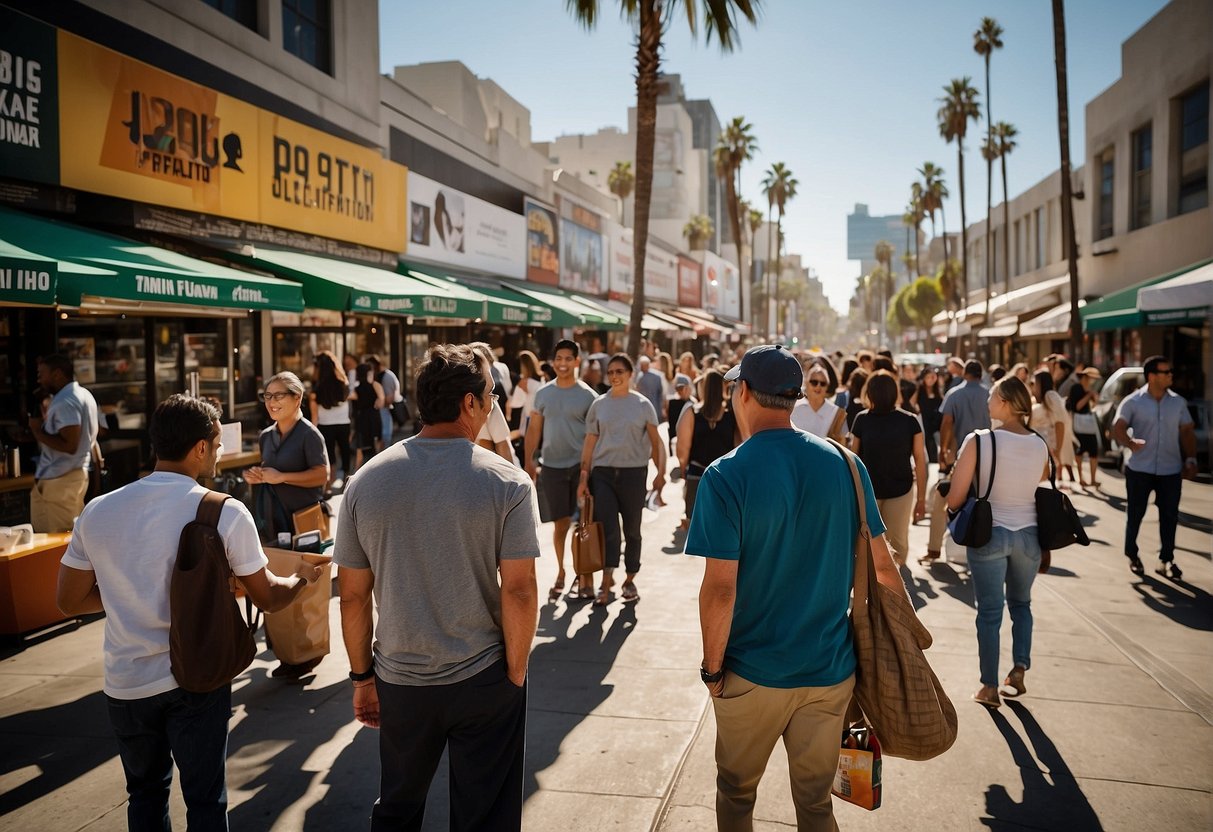 A bustling street in Los Angeles with various promotional items on display, including banners, flyers, and branded merchandise. People are seen interacting with the items, showcasing the effectiveness of the marketing strategies