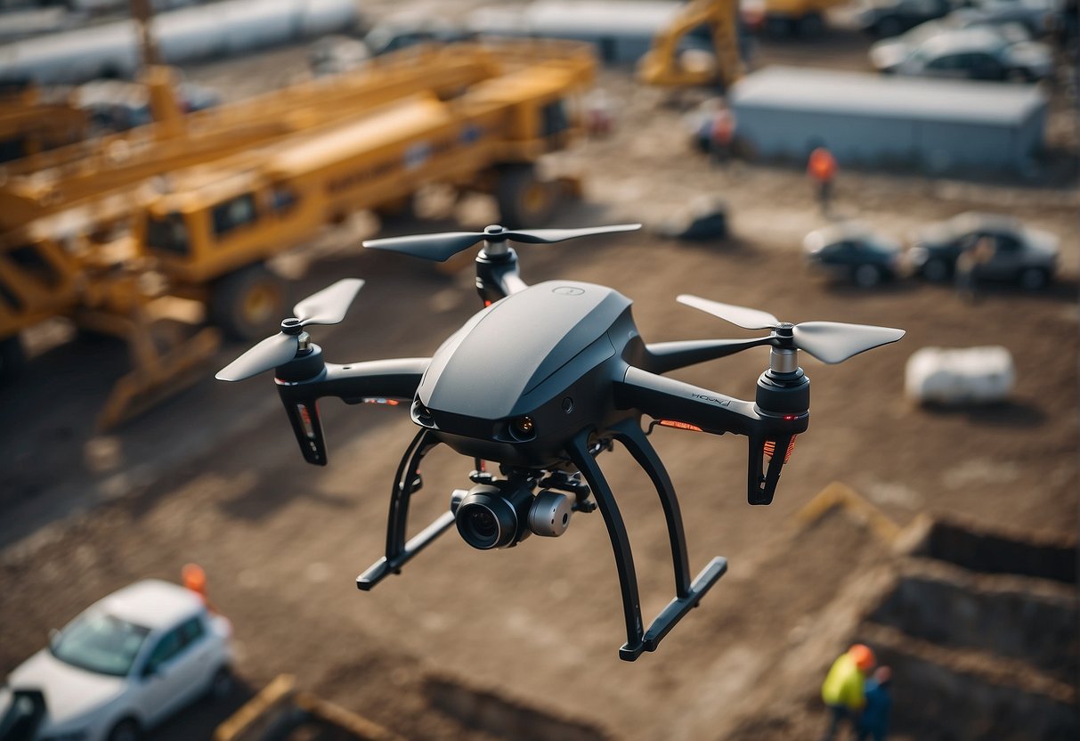 A drone hovers over a construction site, capturing the bustling activity and machinery at work