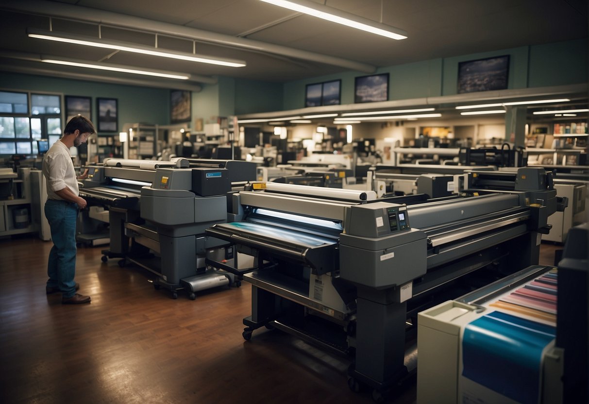 A bustling print shop in Los Angeles, with large format printers, vibrant posters on display, and a team of workers busy with printing and packaging