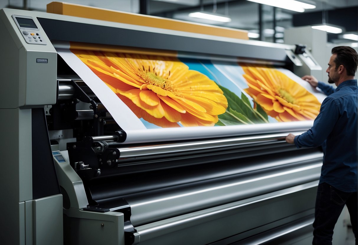 A large poster printing machine in a spacious, well-lit print shop in Los Angeles. Brightly colored posters line the walls, and a technician carefully inspects a freshly printed poster for quality