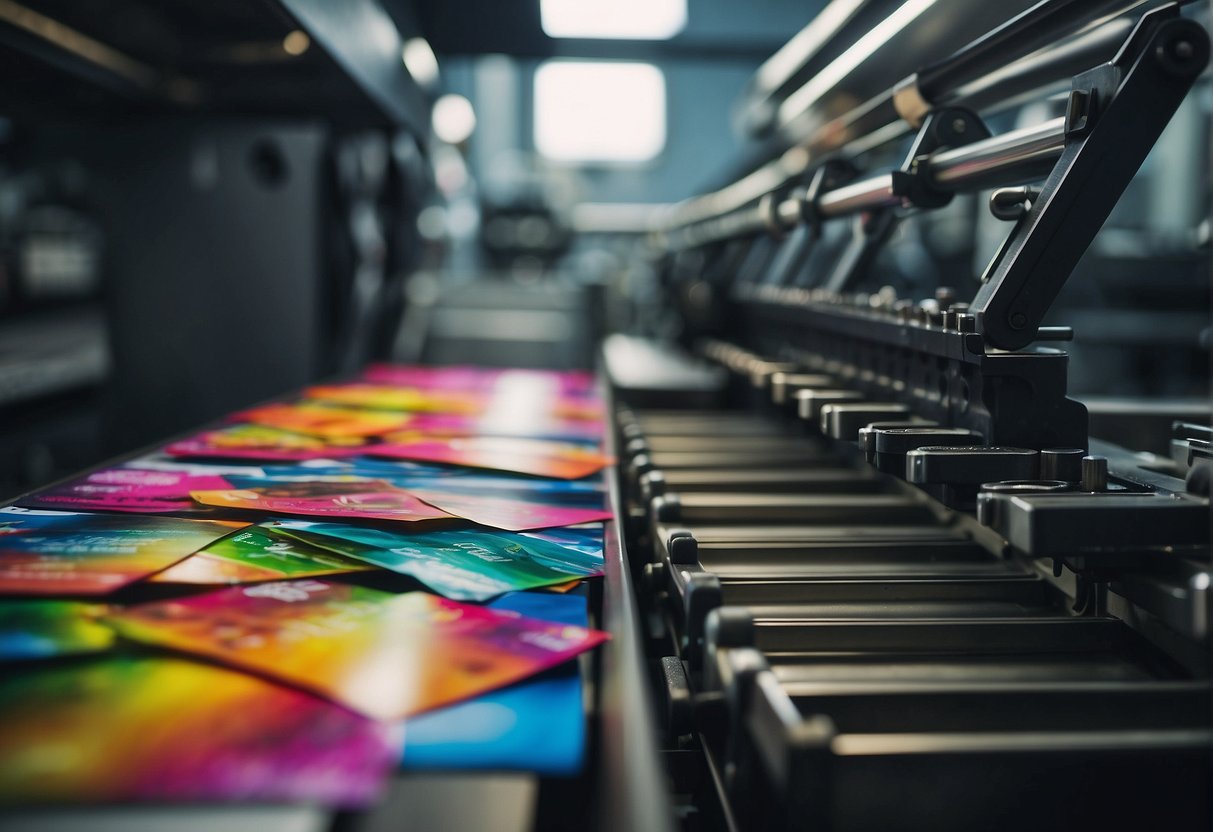 A printing press in Los Angeles churns out colorful flyers, with stacks of finished products ready for distribution