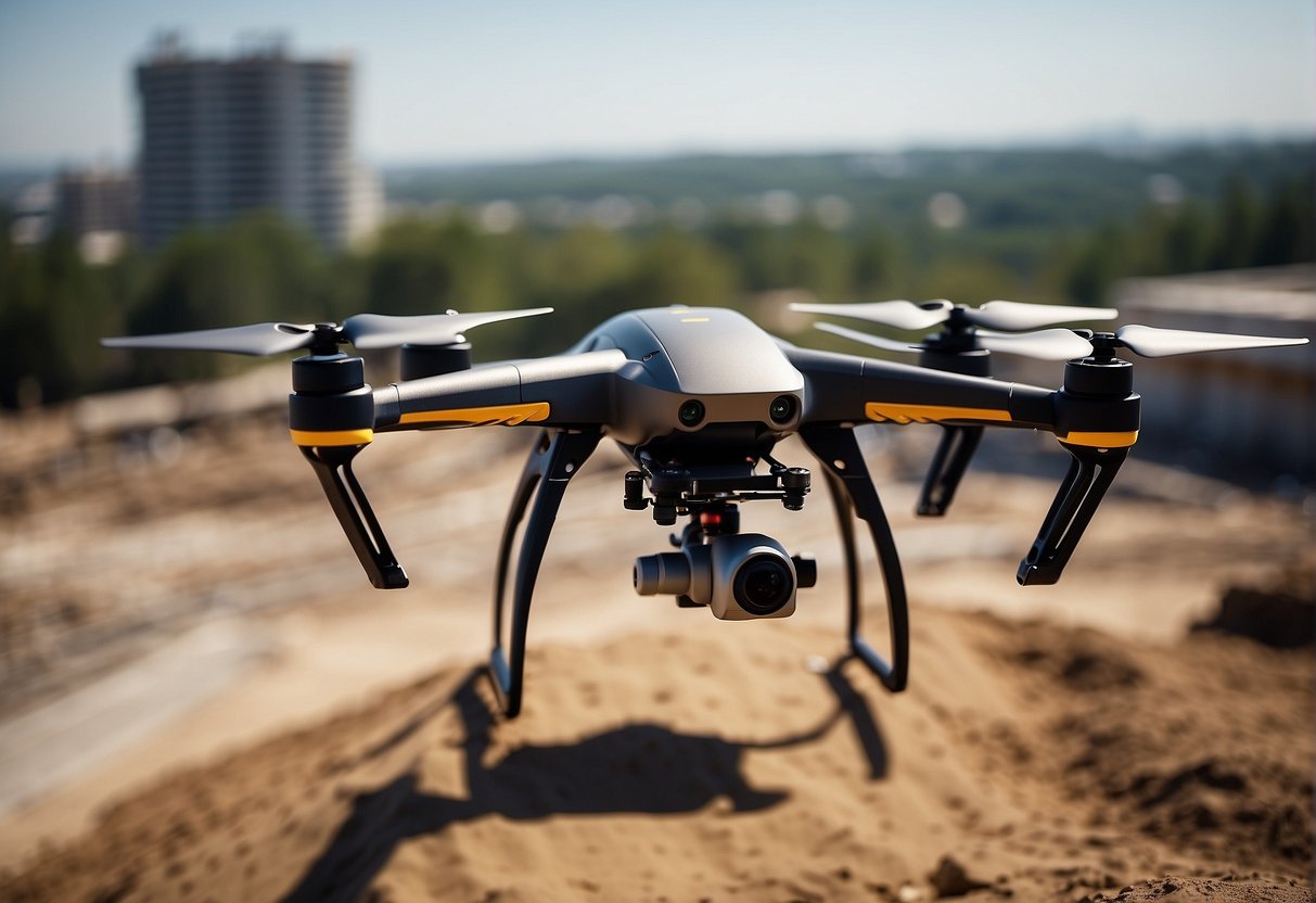 A drone hovers over a construction site, capturing aerial images of workers, equipment, and structures